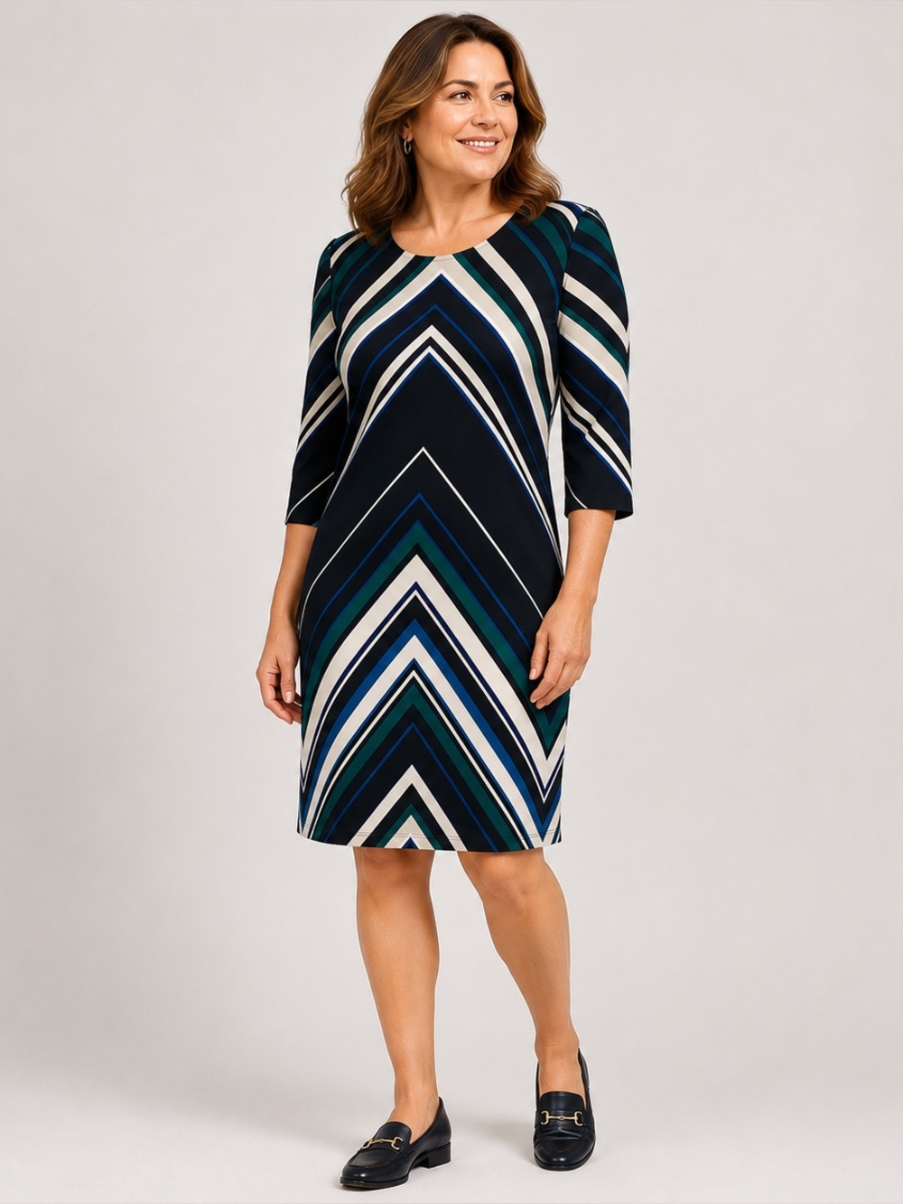 Chevron Stripe Knit Shift Dress XL Blue Green 3/4 Sleeve